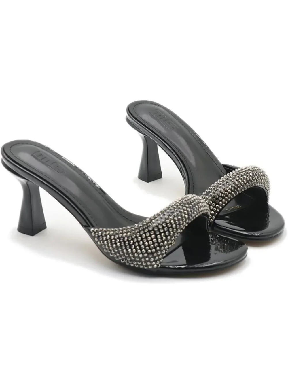 Women's Black Rhinestones One Strap Square Open Toe Kitten Heel Slide Sandals